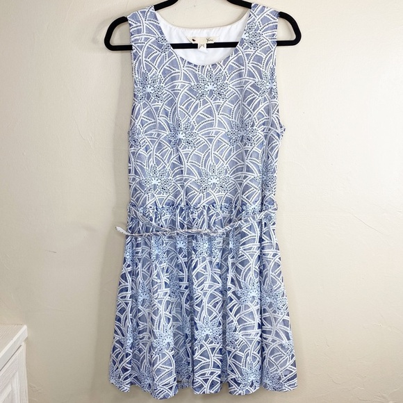 Yumi Kim Blue White Lace Belted Fit & Flare Dress - Picture 1 of 5